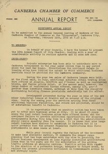 Cover of the 1952 Canberra Chamber of Commerce Annual Report